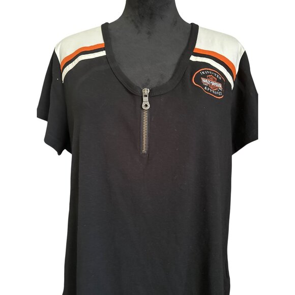 Harley-Davidson Womens Short Sleeve Zip Front Black Tee With Logo & Retro Stripe - Picture 2 of 4